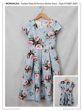 MonnaLisa Blue Quilted Rose Print Fit-&-Flare Dress